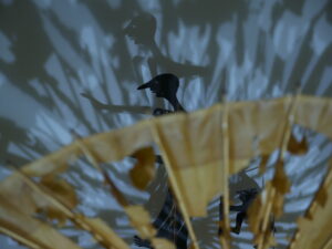 Im Vordergrund ist ein fächerähnlicher Gegenstand mit verschiedenen Löchern zu sehen. Dahinter sind schwarz geschnitzte menschliche Figuren zu sehen. Das Licht ist auf sie gerichtet, und ihre Schatten sind im Hintergrund zu sehen.