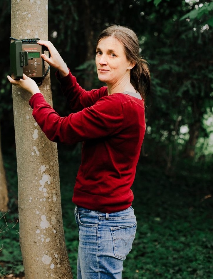 Das Bild zeigt Dr. Sandra Müller in rotem Pullover und Jeans befestigt ein Audioaufnahmegerät an einem Baumstamm. Sie arbeitet in einem Waldgebiet und scheint Naturgeräusche aufzunehmen.